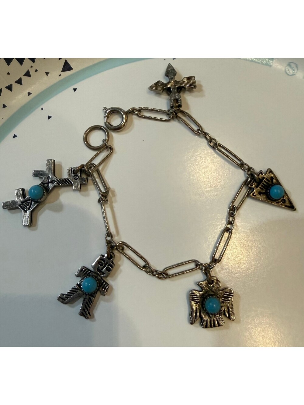 Vintage Southwestern Style Silver Charm Bracelet with Turquoise Stones
